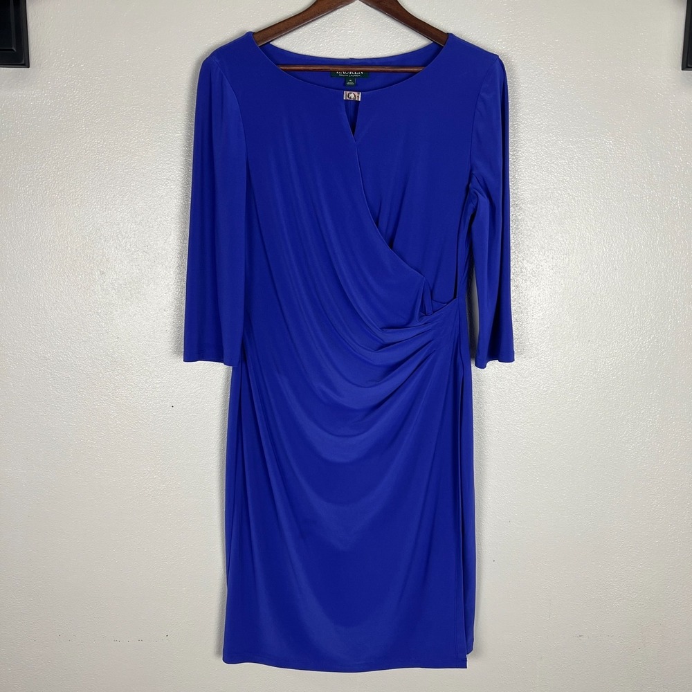 Lauren Ralph Lauren Dress 14 Purple Faux Wrap Ruched Flattering Draped Classic